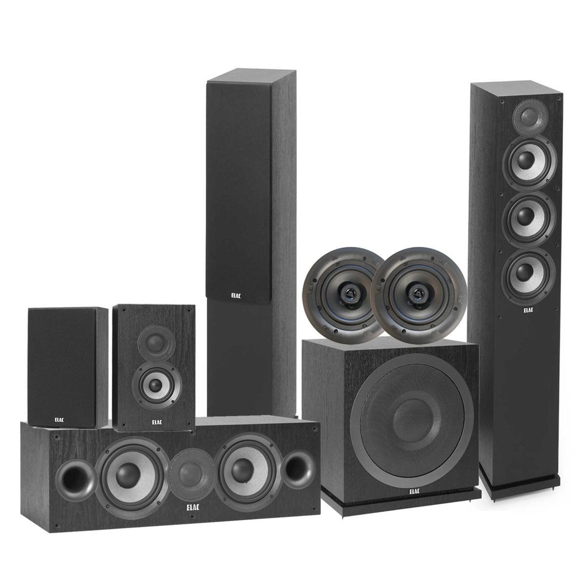 Elac 5.1.2 Dolby Atmos Package with F5.2 Towers, OWB4.2 Surrounds, C5.2 Center, IC-C61-W Ceiling Speakers and 3010 Subwoofer