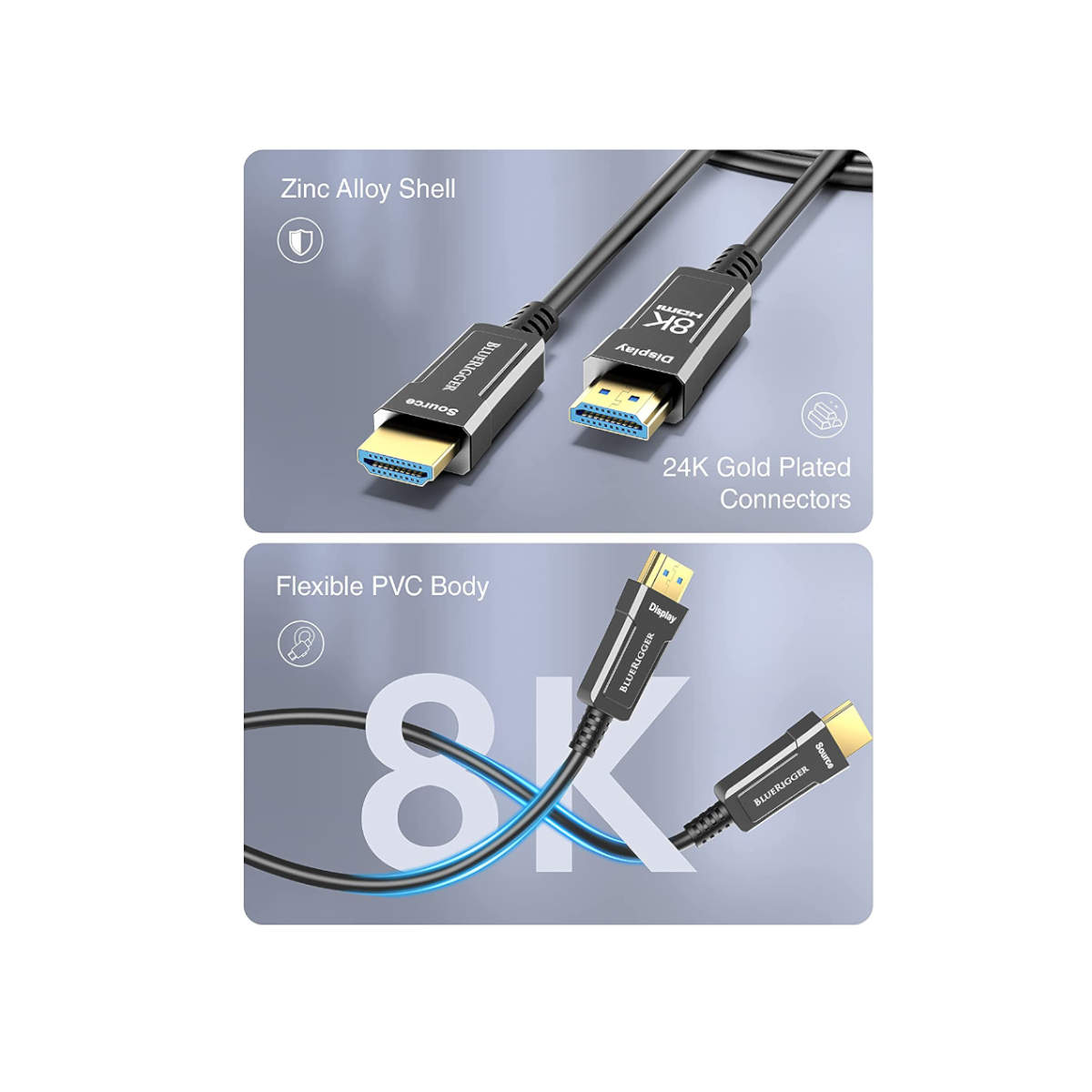BlueRigger 8K HDMI 2.1 Fiber Optic Cable, Ultra HD, High Speed Cable/AOC Support (25ft to 325ft) - Ooberpad India