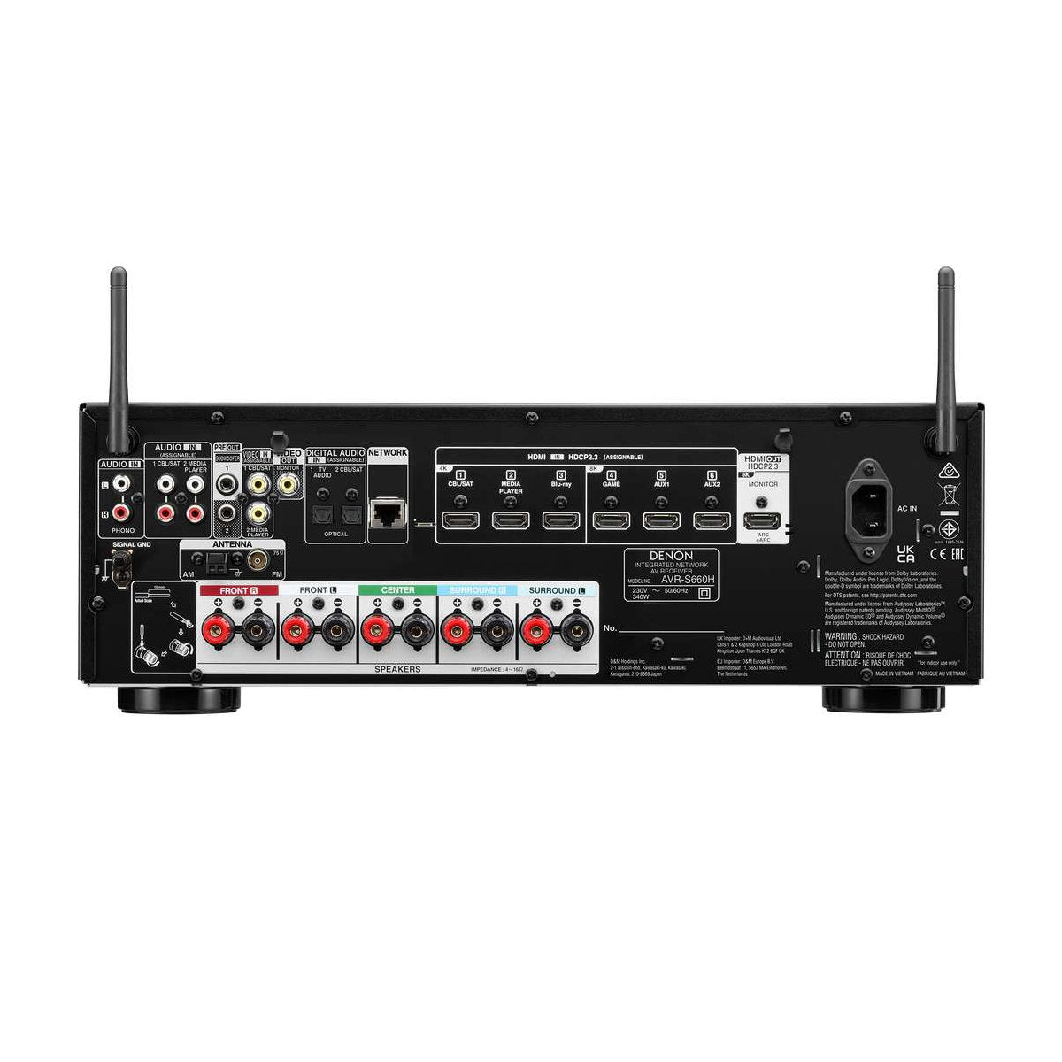 Denon AVR-S660H 5.2ch 8K AV Receiver with Voice Control and HEOS® Built-in - Rear View