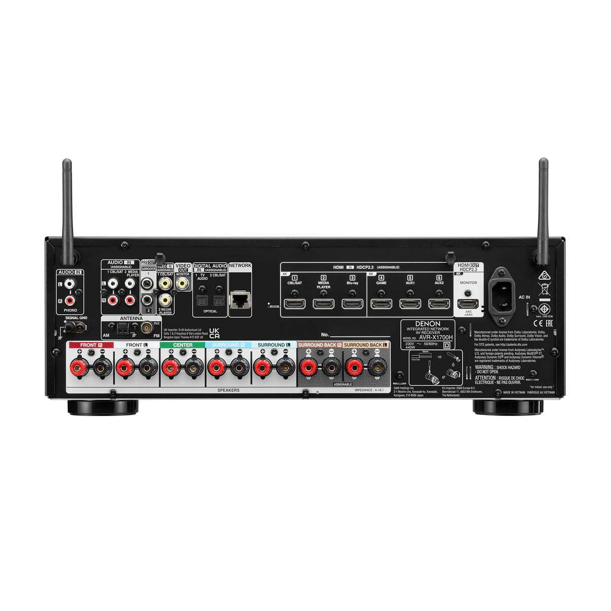 Denon AVR-X1700H 7.2-Channel 8K AV Receiver with 3D Audio, Voice Control and HEOS® Built in - Rear View
