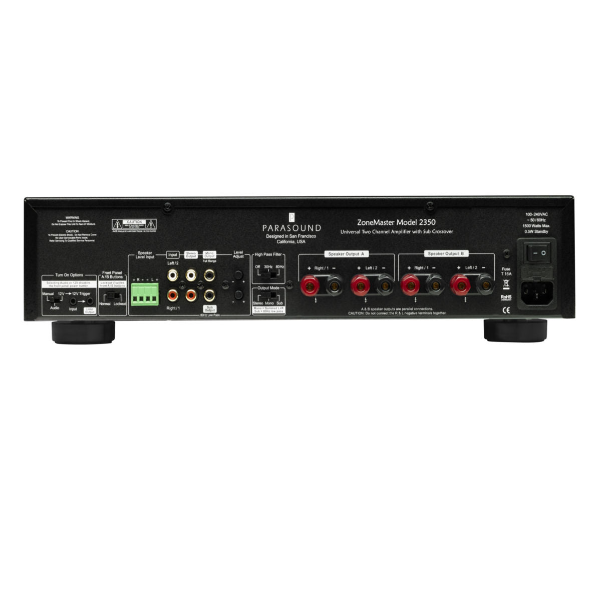 Parasound ZoneMaster 2350 Universal 2 Channel Amplifier with Sub Crossover - Rear View